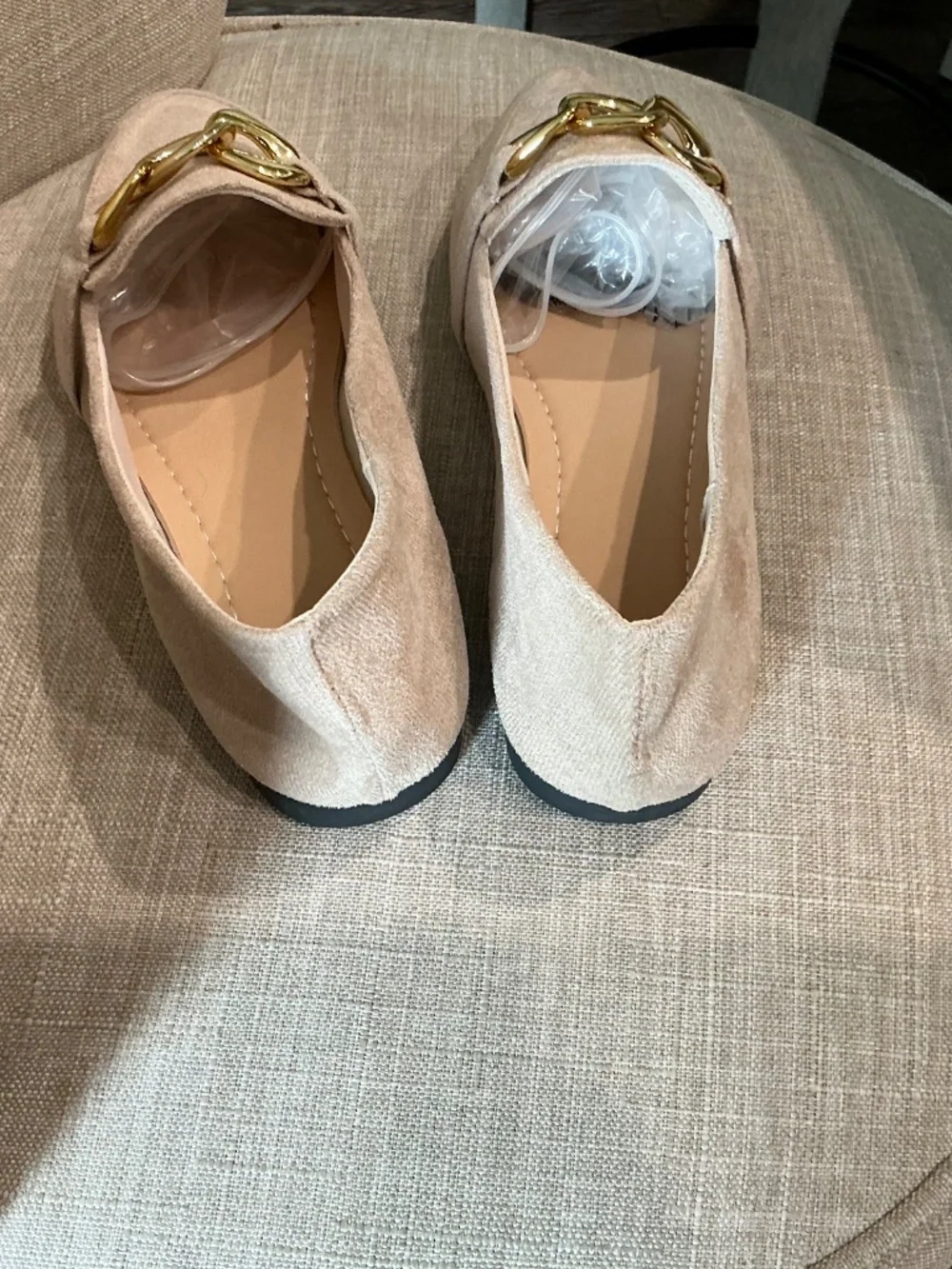Beige Pointed Toe Loafers with Gold Chain Detail